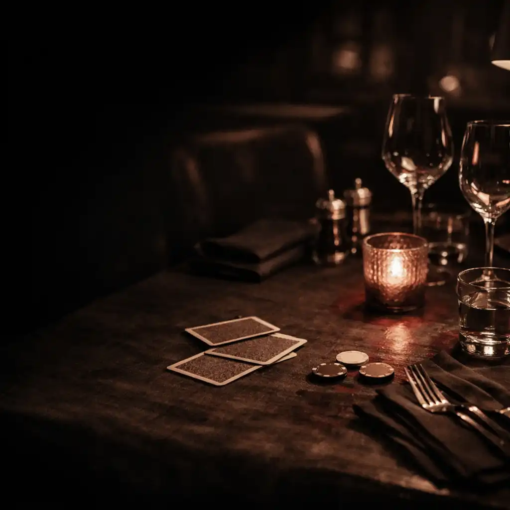 A prepared dark timber table with linen, glassware and face-down cards in the card lounge.
