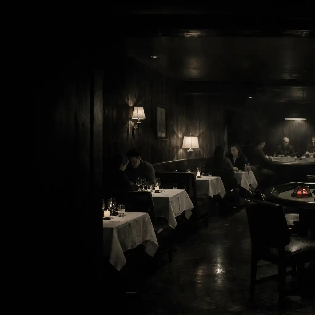 A low-lit dining room with linen-covered tables and dark timber details