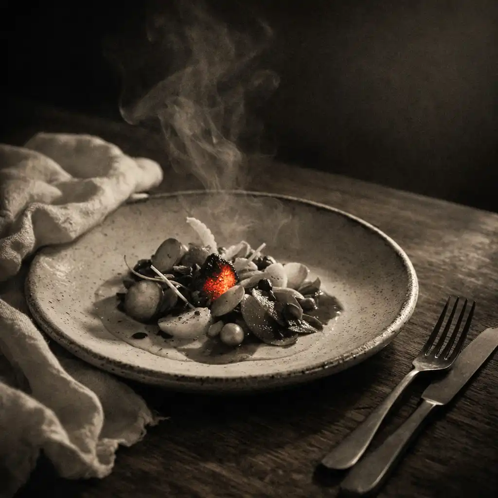 A refined plated course beside an ivory linen napkin on a dark timber table