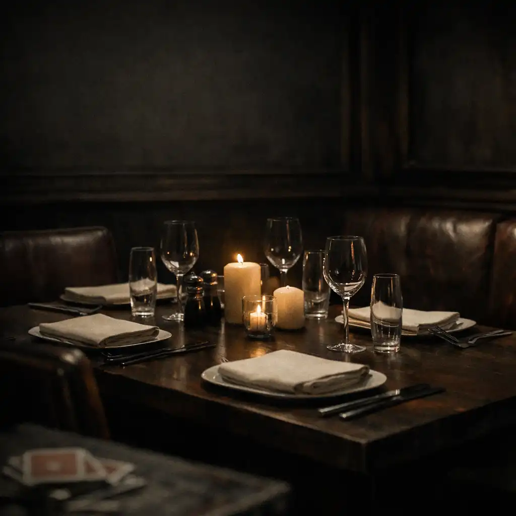 A prepared private dining table with linen place settings, candles and dark timber surroundings