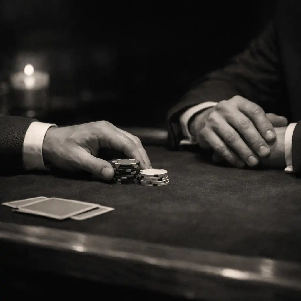 Hands resting near face-down cards and small tabletop chip details on dark felt