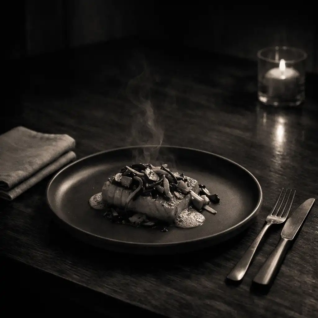 A refined plated course on ceramic beside folded linen