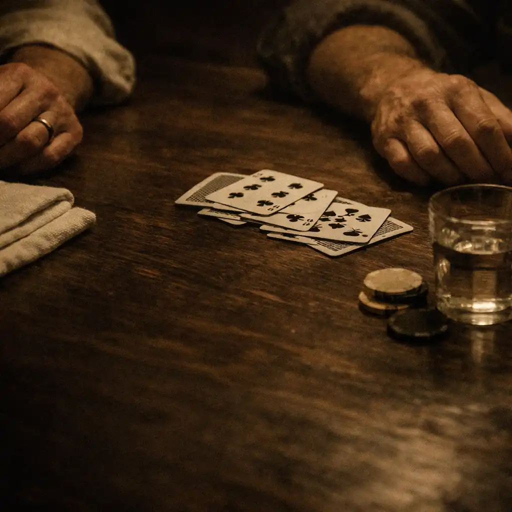 Hands resting near cards and folded linen on a dark timber table.