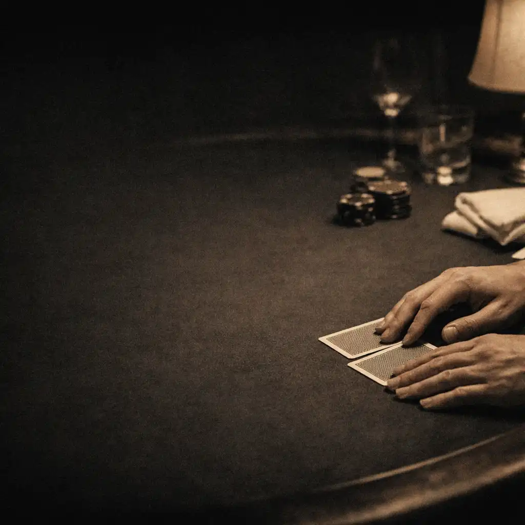 Hands placing cards on a dark felt poker table with linen and glassware nearby