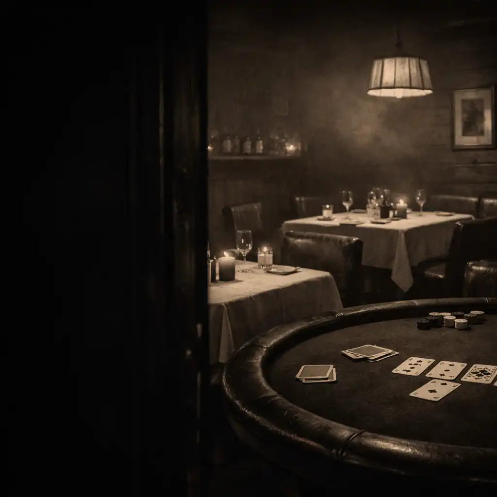 Late-night dining room with linen-dressed tables and a dark poker table integrated into the room