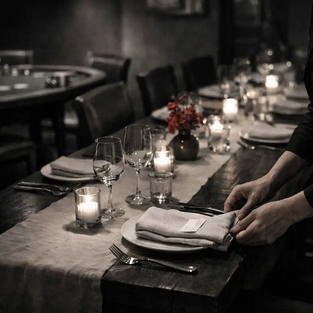 Private dining table prepared with ivory linen in a late-evening room