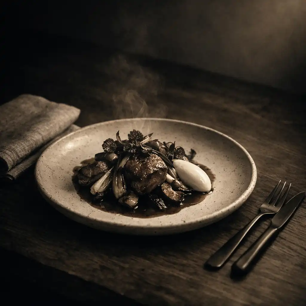 Refined plated course on dark timber beside folded linen