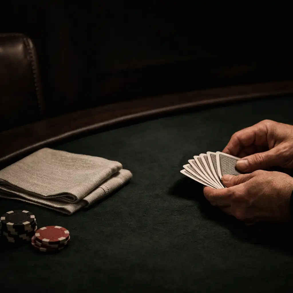 Hands arranging playing cards beside linen on a dark poker table
