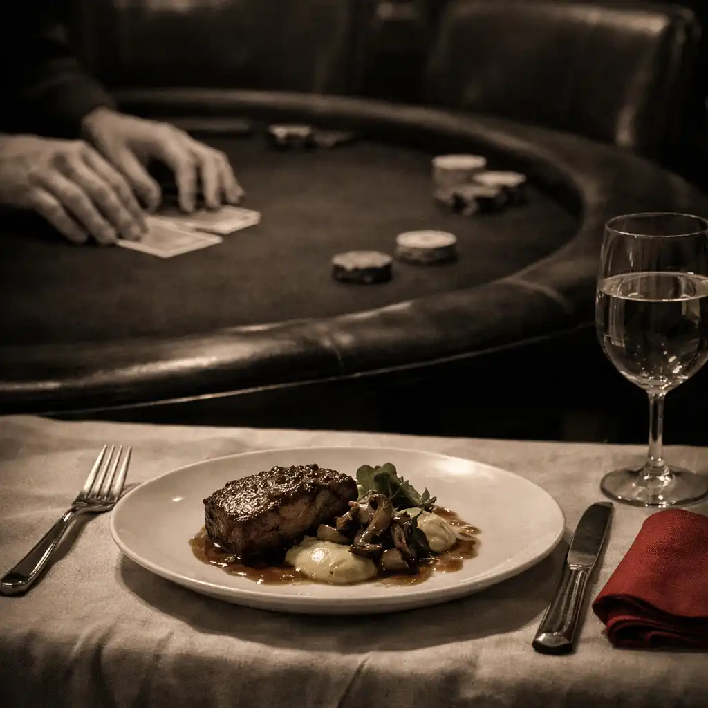 A plated dish in the foreground with an intimate card table softly visible beyond