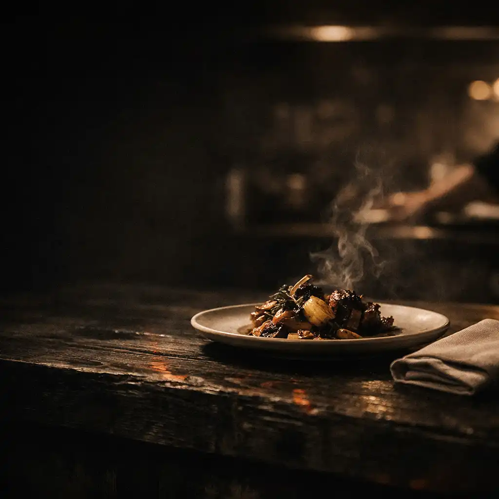 A refined plated dish on blackened timber beside a folded linen napkin