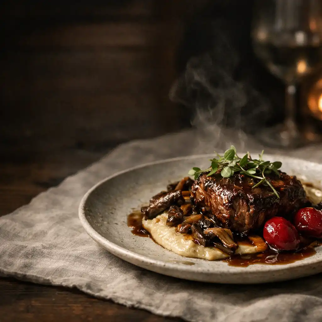 A finished plated dish on a linen-set table in low late-night light