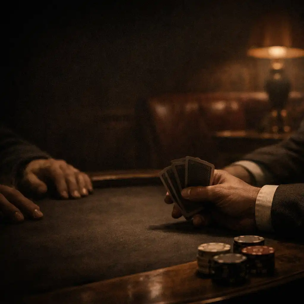 Adult hands holding cards at a dark poker table with chips at the edge