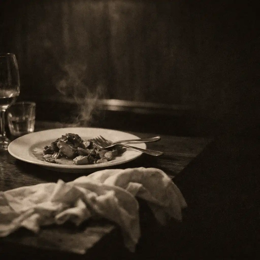 A plated dish, linen and cutlery in low late-night light