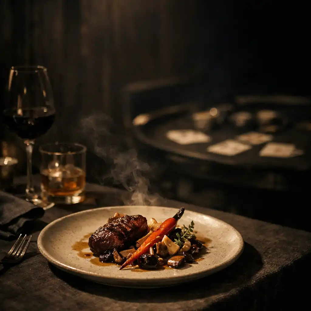 A plated dish on dark linen with a softly suggested card table in the background.
