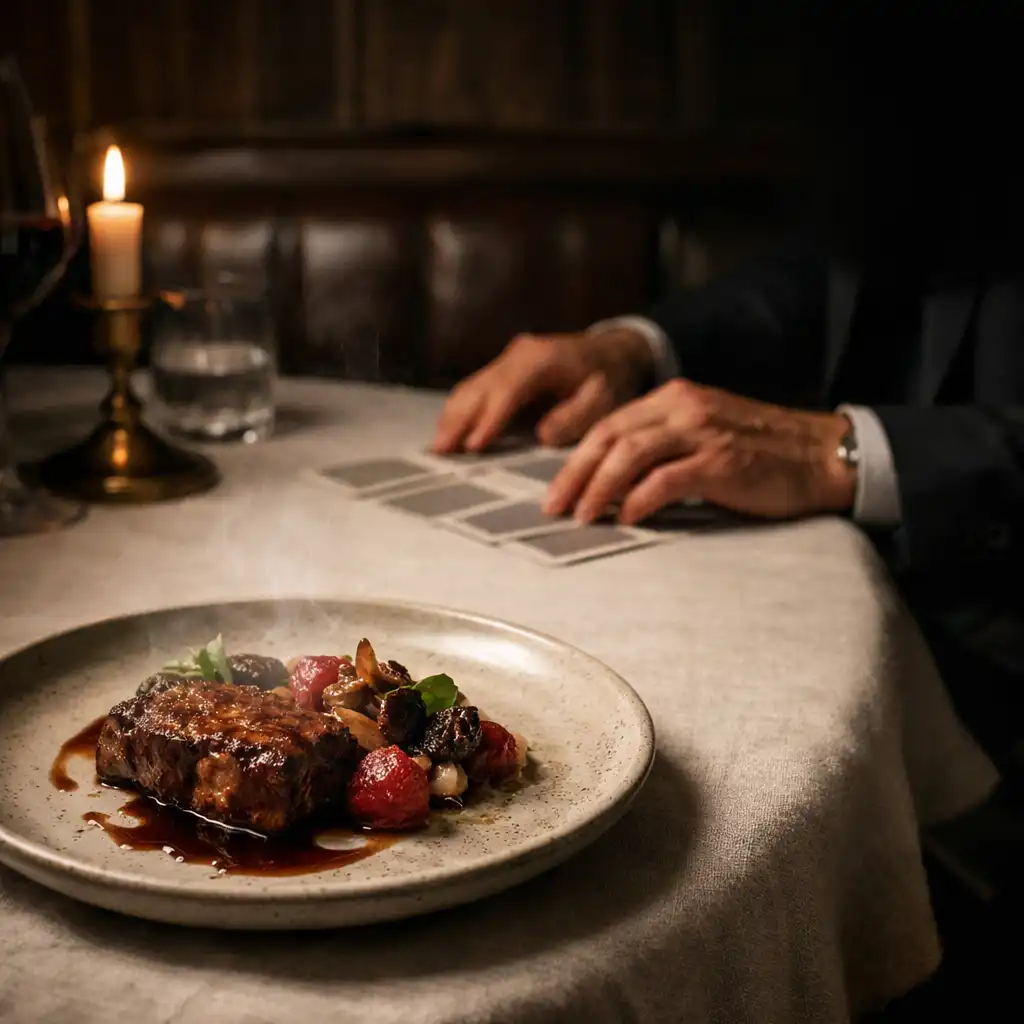 A plated dish and hands arranging cards at the edge of a linen-dressed table.