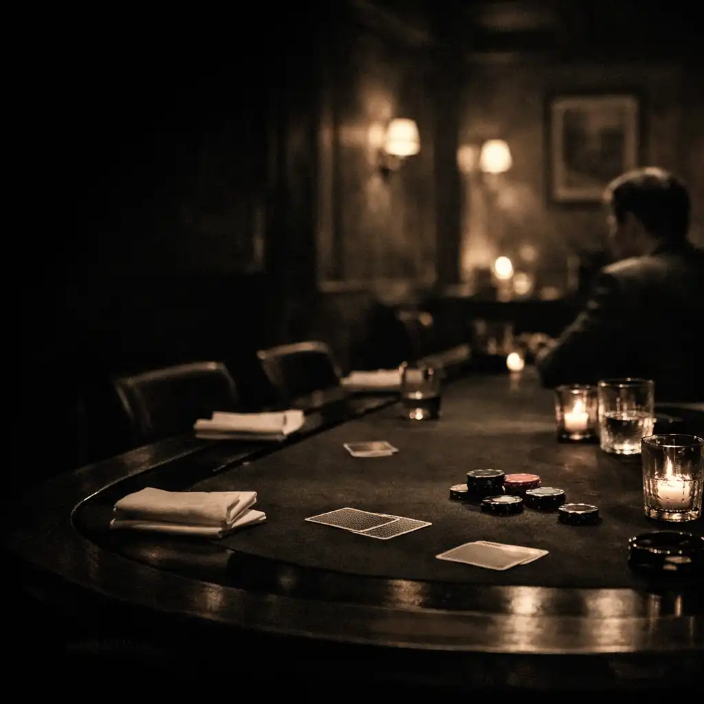 A late-night table in Ember & Linen's card lounge, set with linen, cards and felt.