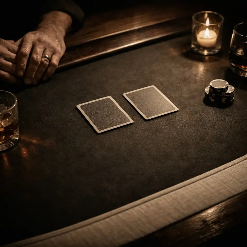 Hands resting near face-down cards on felt beside linen and low glassware.