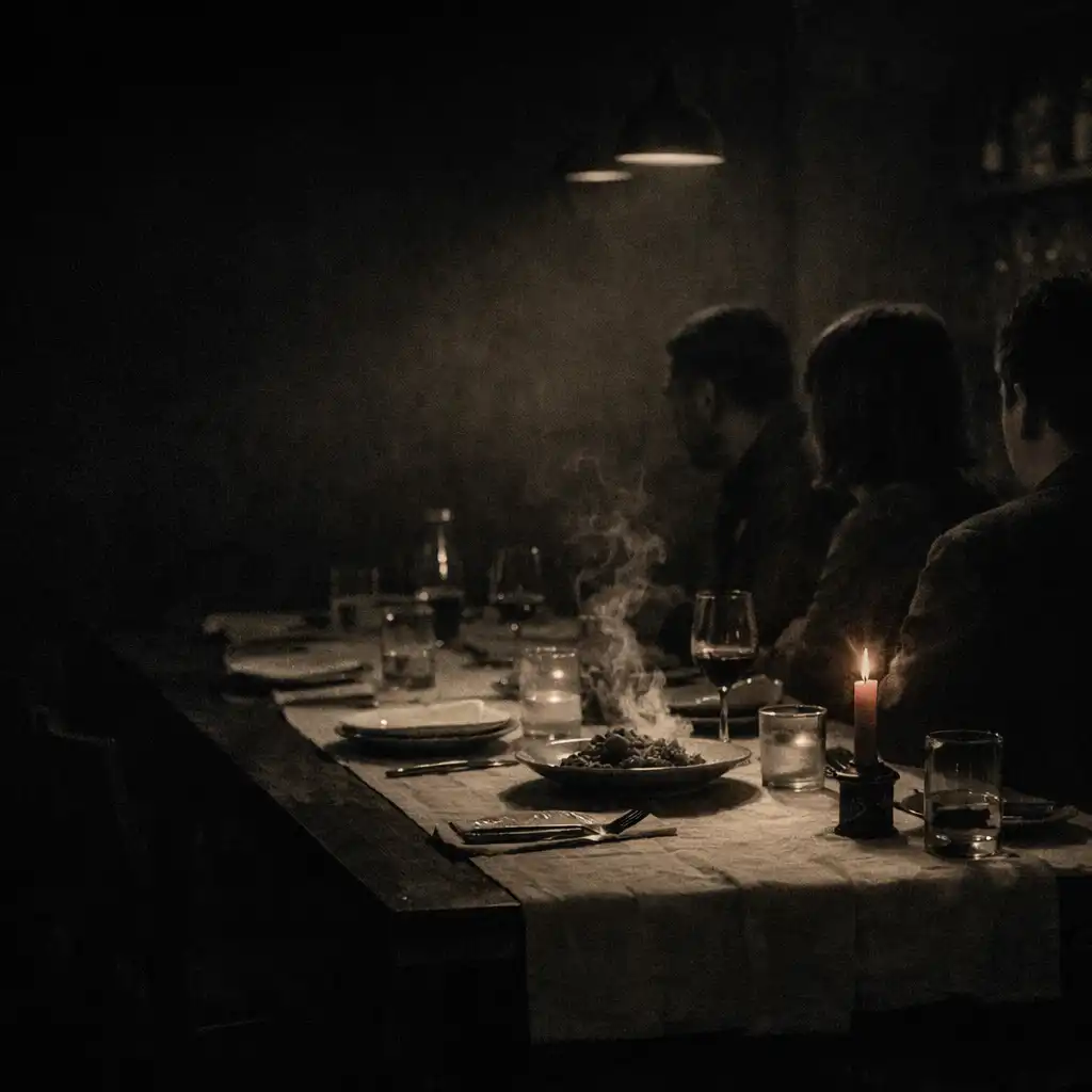 A linen-dressed long table in a shadowed private dining room